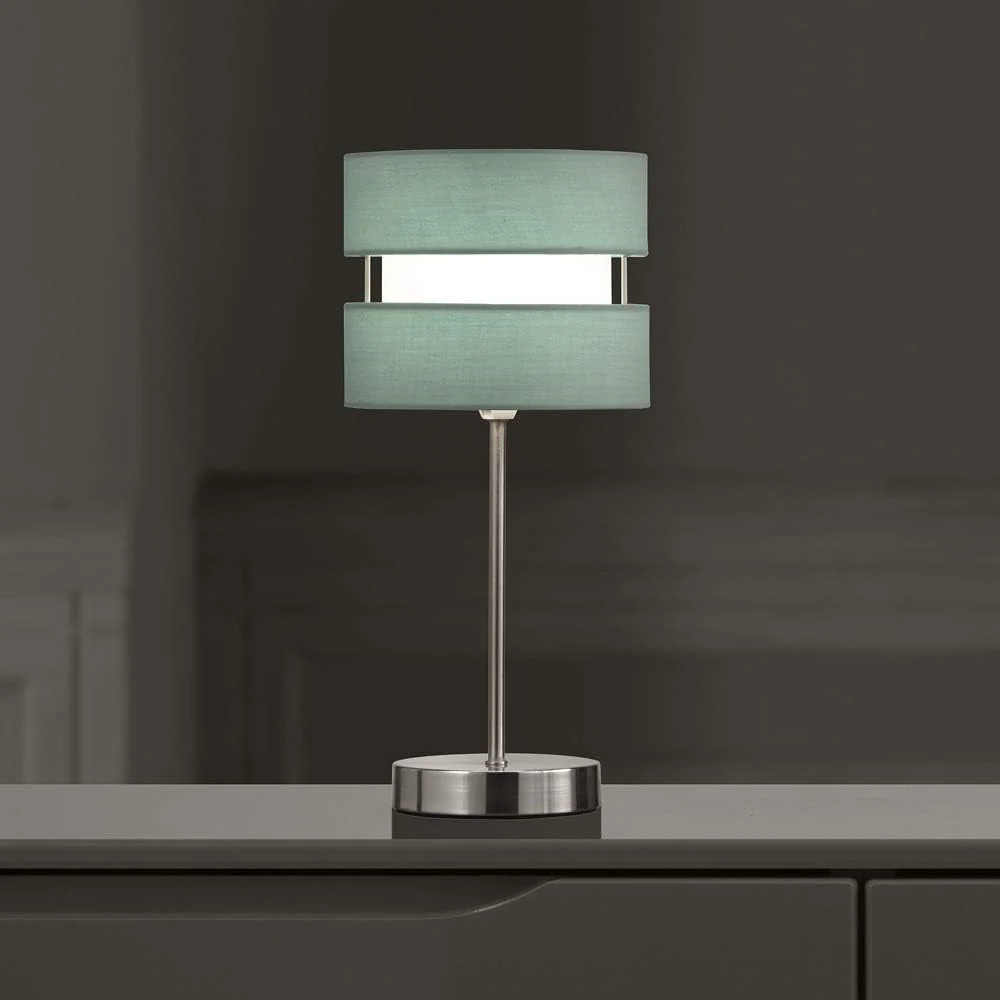 Satin Nickel Table Desk Lamp with Duck Egg Layered Fabric Shade 38cm - Image 4