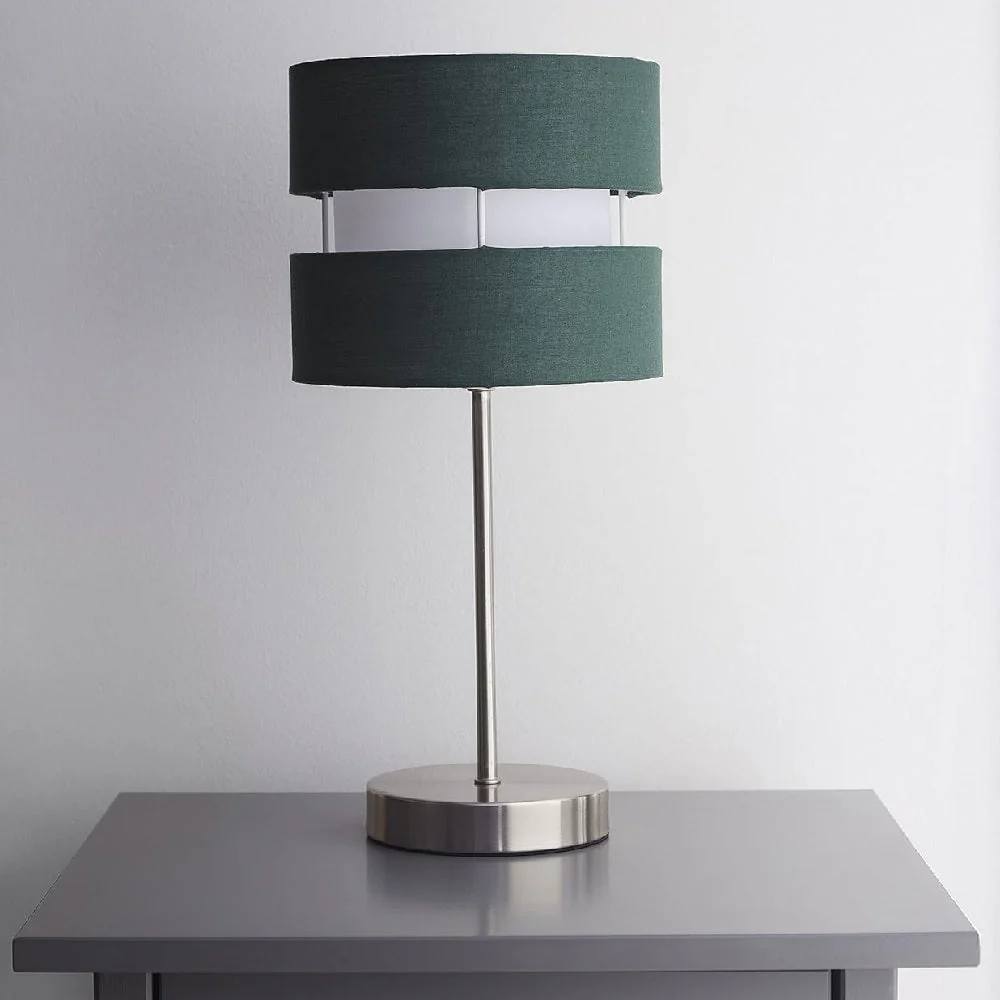 Satin Nickel Table Desk Lamp with Forest Green Layered Fabric Shade 38cm - Image 4