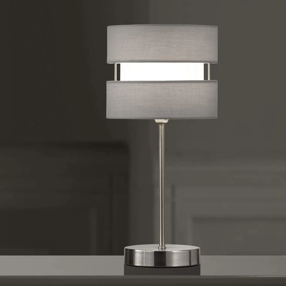 Satin Nickel Table Desk Lamp with Grey Layered Fabric Shade 38cm - Image 4