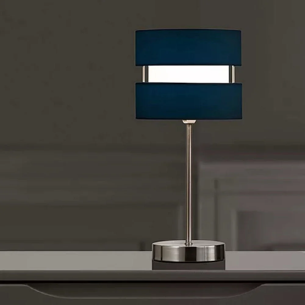 Satin Nickel Table Desk Lamp with Navy Blue Layered Fabric Shade 38cm - Image 4