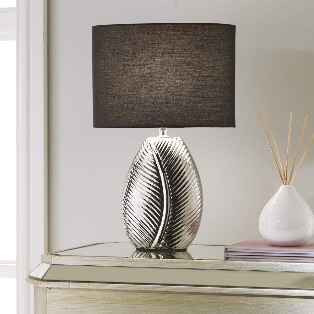 Silver Ceramic Leaf Design Modern Table Lamp with Black Oval Lamp Shade 39cm - Image 2
