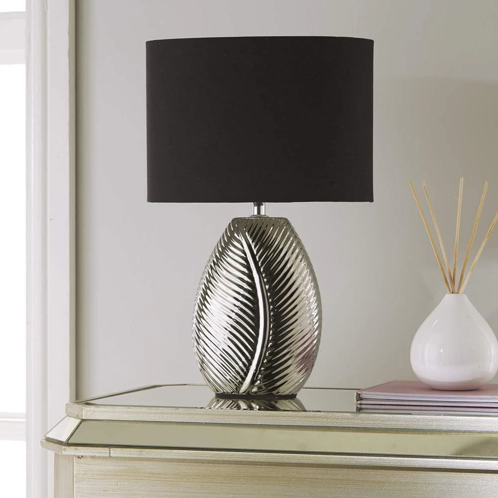 Silver Ceramic Leaf Design Modern Table Lamp with Black Oval Lamp Shade 39cm - Image 3