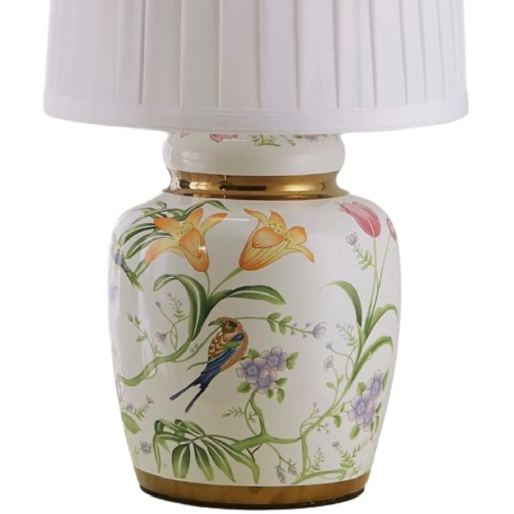 White & Gold Detail Ceramic Oriental Tea Urn Table Lamp with Pleated Shade 44cm - Image 2