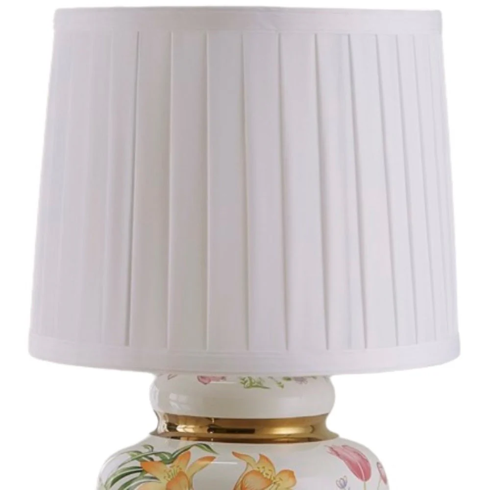 White & Gold Detail Ceramic Oriental Tea Urn Table Lamp with Pleated Shade 44cm - Image 3