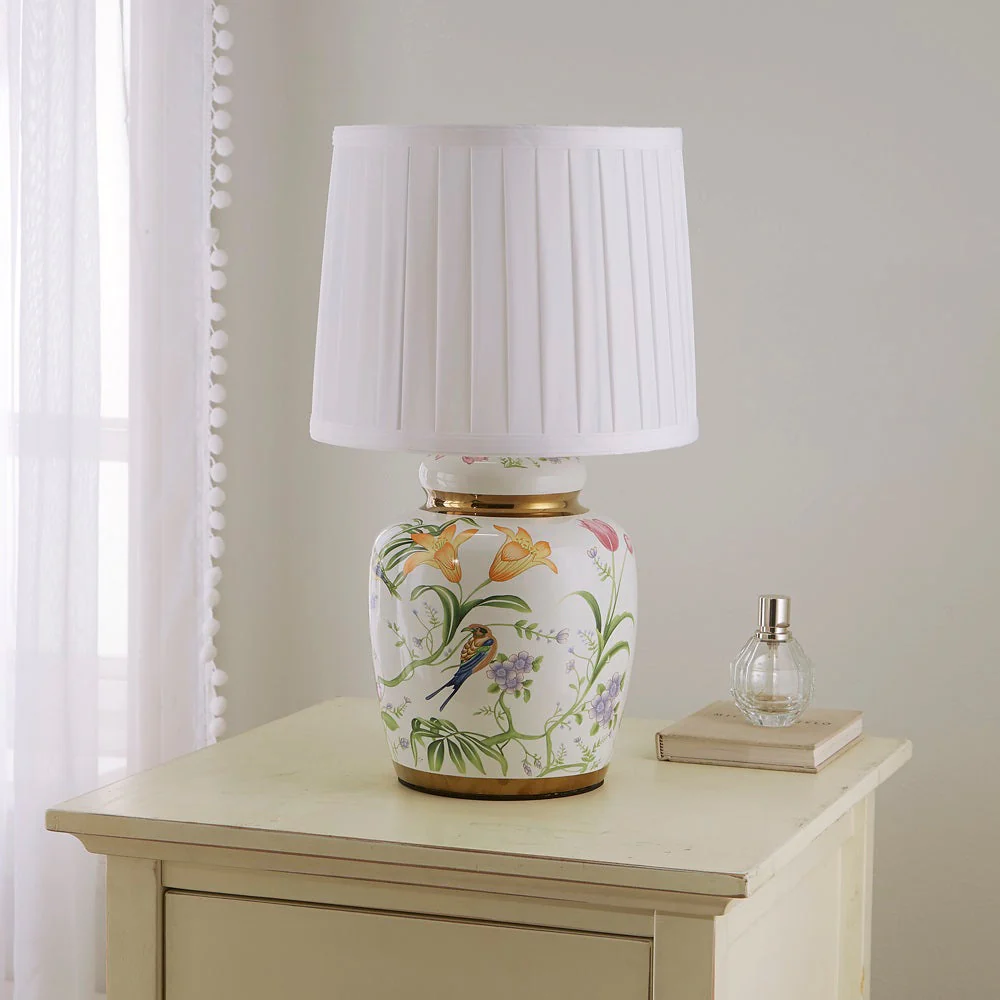 White & Gold Detail Ceramic Oriental Tea Urn Table Lamp with Pleated Shade 44cm - Image 5
