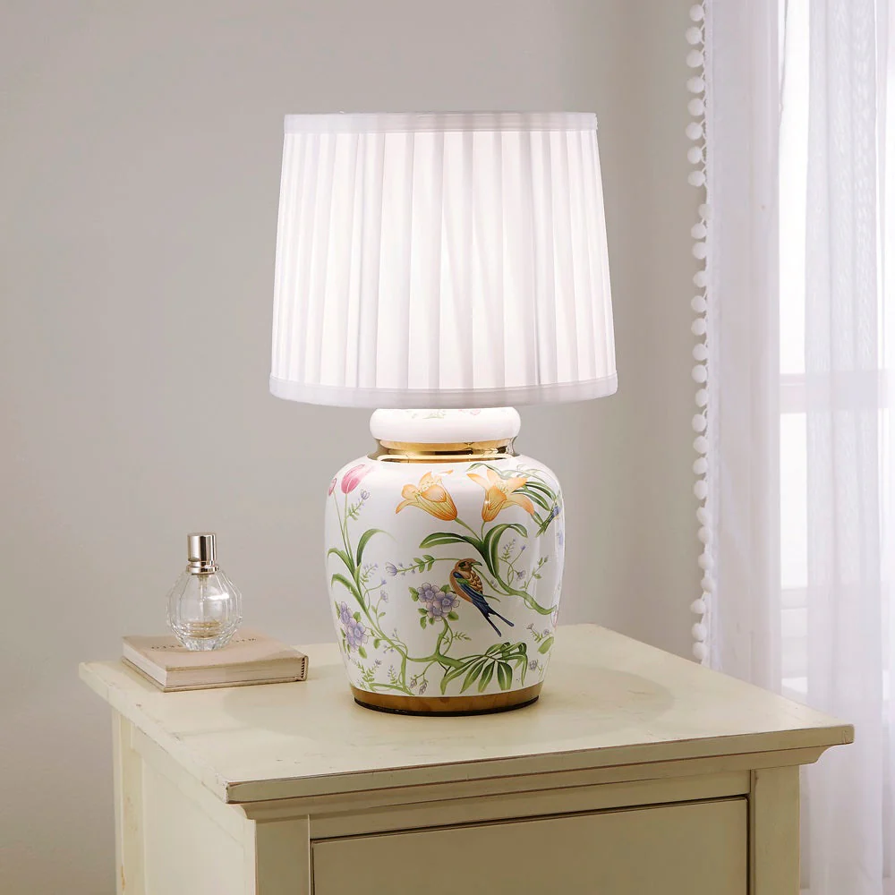 White & Gold Detail Ceramic Oriental Tea Urn Table Lamp with Pleated Shade 44cm - Image 6