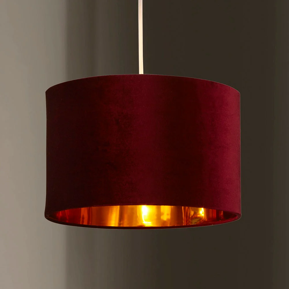 Wine Velvet and Gold Inner Modern Easy Fit Round Drum Lampshade 300mm - Image 3